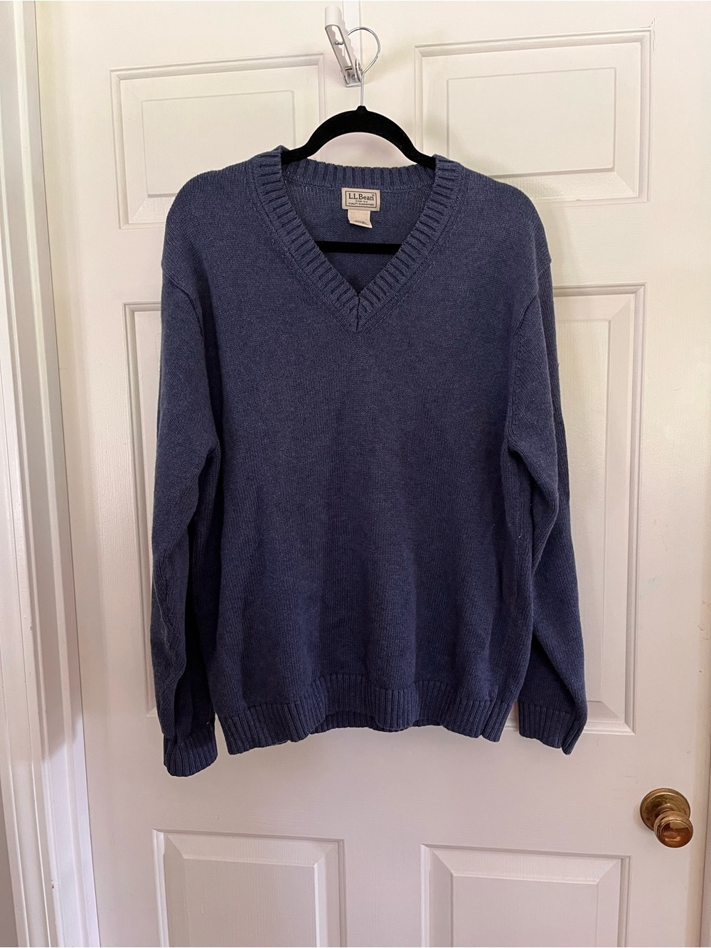 LL Bean Vintage Men's Sz Large Blue 100% Cotton V Neck Long Sleeve Sweater